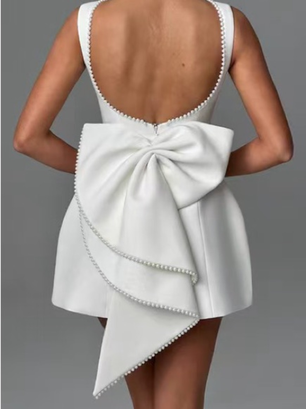 🌈White Pearl-Trim Bow Back Mini Dress